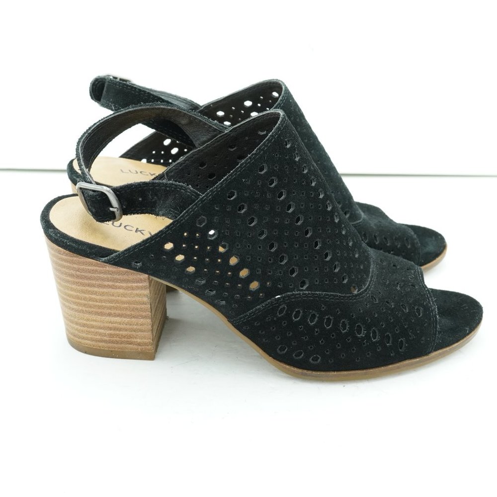 Lucky Brand Ortiza Heel Sandal Womens 7 37 Black Perforated Suede Peep Toe Shoes